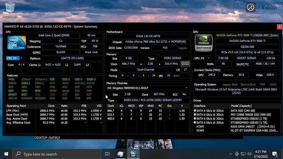 Thông tin cấu hình trên một hệ thống kết hợp CPU Core 2 Duo Quad và RTX 5000 đời mới
