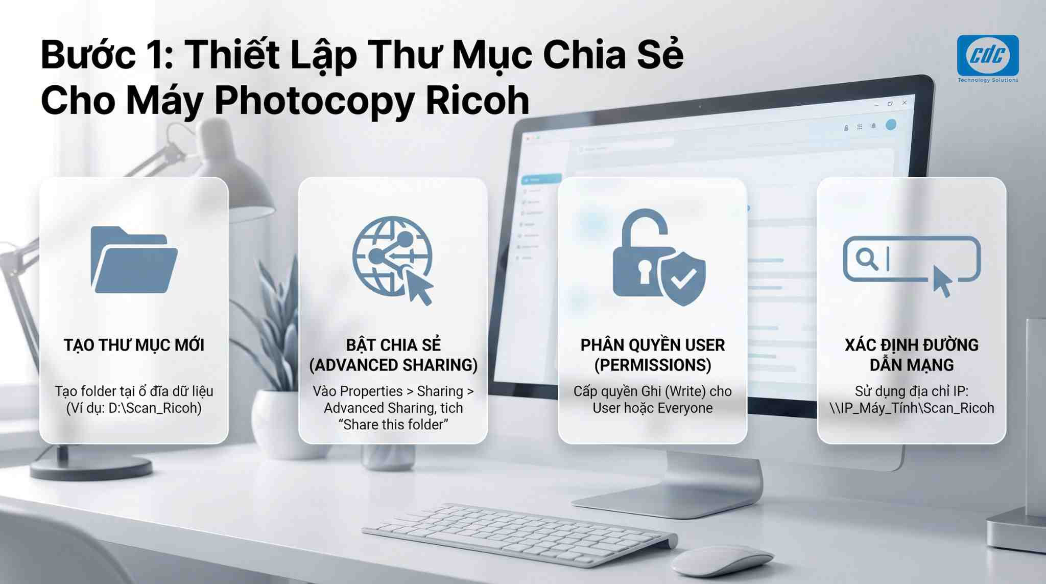 Bước 1: Tạo Folder Share Ricoh và phân quyền trên máy tính