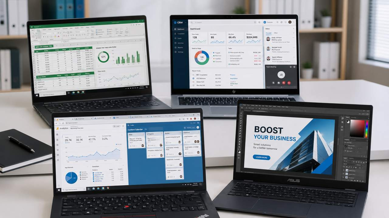 Hình minh họa cấu hình laptop theo phòng ban kế toán sales marketing Cấu hình laptop cho kế toán sales và marketing trong doanh nghiệp