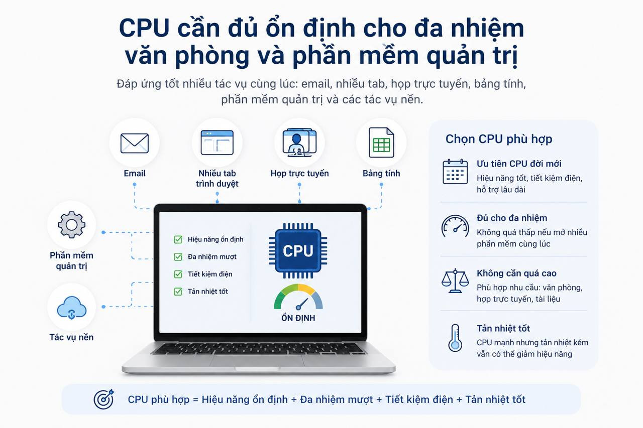 CPU ổn định cho đa nhiệm văn phòng và phần mềm quản trị trên laptop cho quản lý