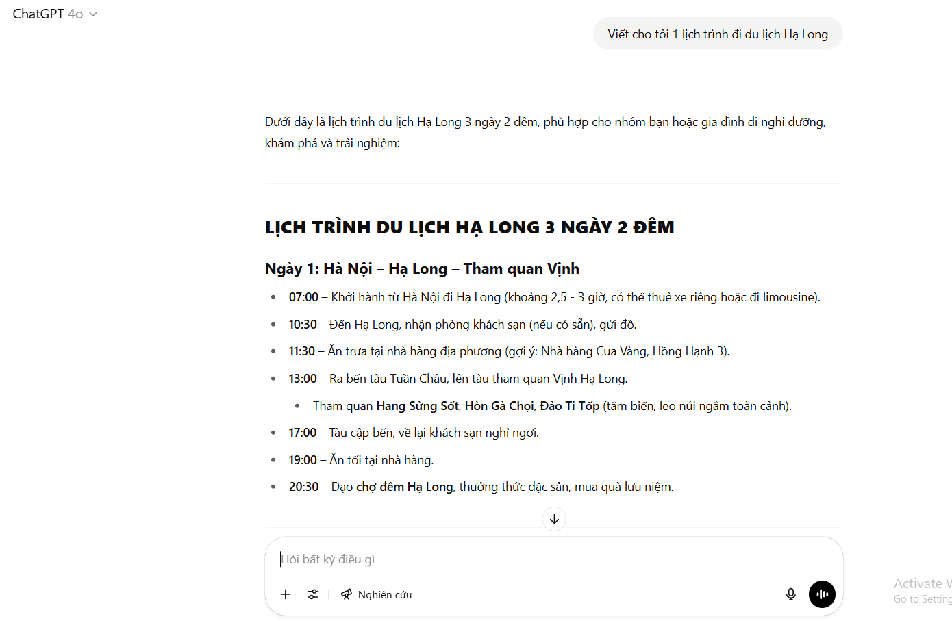 Dùng Chat GPT lên kế hoạch đi du lịch.