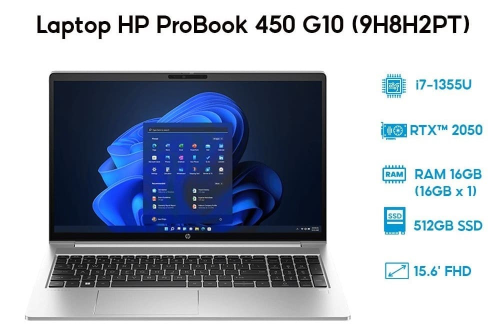 Laptop HP ProBook 450 G10 9H8H2PT được thiết kế với CPU Intel Core i7-1355U