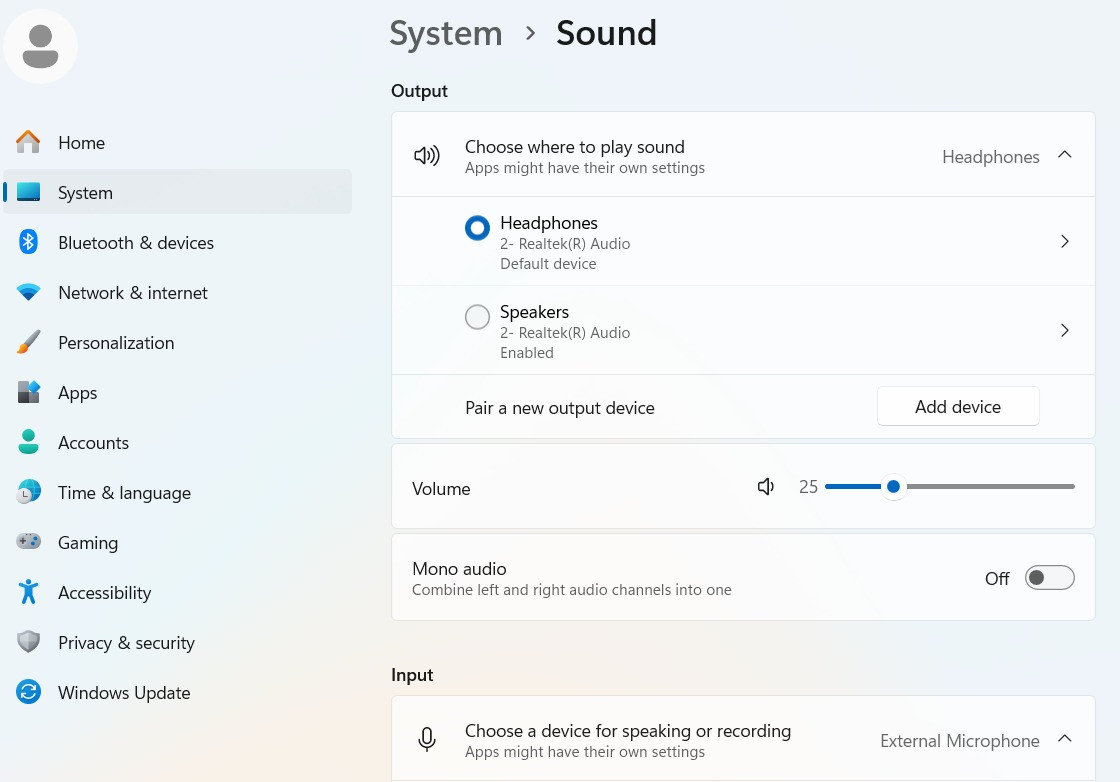 Chọn lại thiết bị Output trong Windows 11