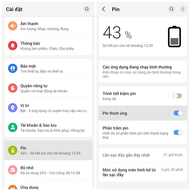 “Chế độ pin thích ứng” (Android) Tính năng này học thói quen sử dụng ứng dụng để tiết kiệm pin một cách thông minh