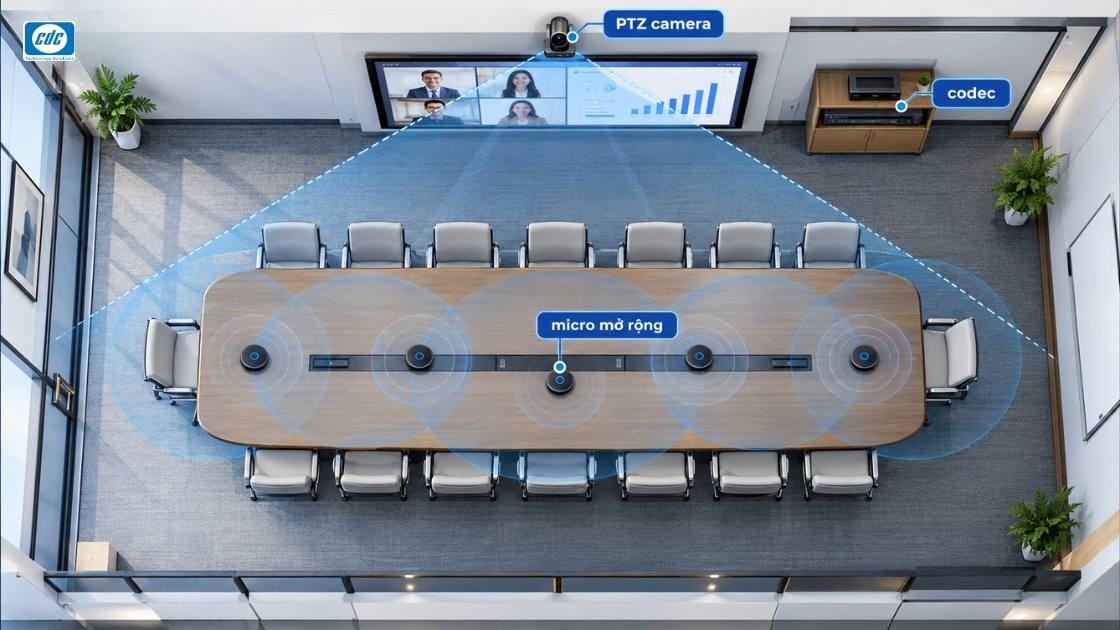 Phòng họp lớn khi nào cần codec, camera PTZ