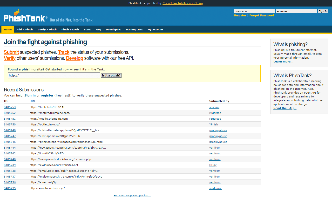 PhishTank là một nền tảng mã nguồn mở chuyên về việc phát hiện các website giả mạo (phishing site). 