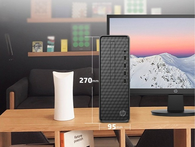 HP S01 tiếp nối phong cách tối giản của dòng Slim, với kích thước chỉ 9.5 x 30.3 x 27 cm – nhỏ hơn đáng kể so với case truyền thống