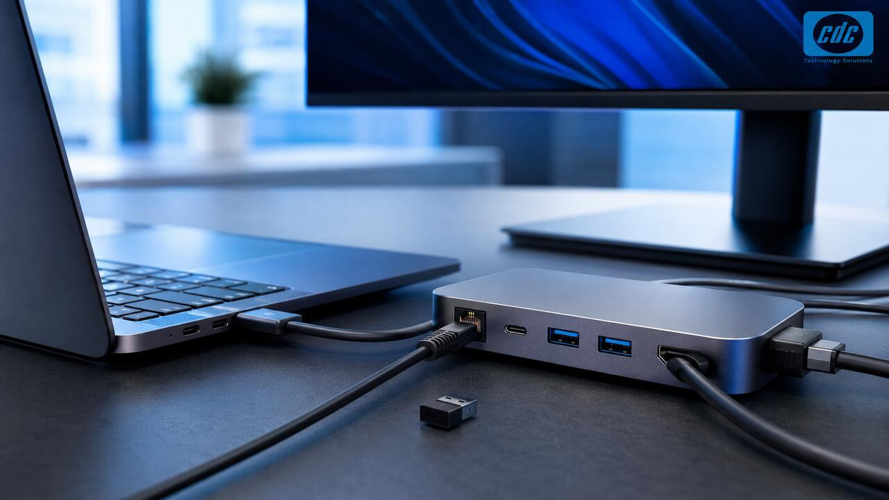 Laptop doanh nghiệp kết nối dock USB-C và màn hình ngoài