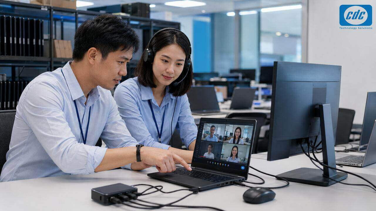 Nhân viên IT kiểm tra laptop họp online trước khi bàn giao