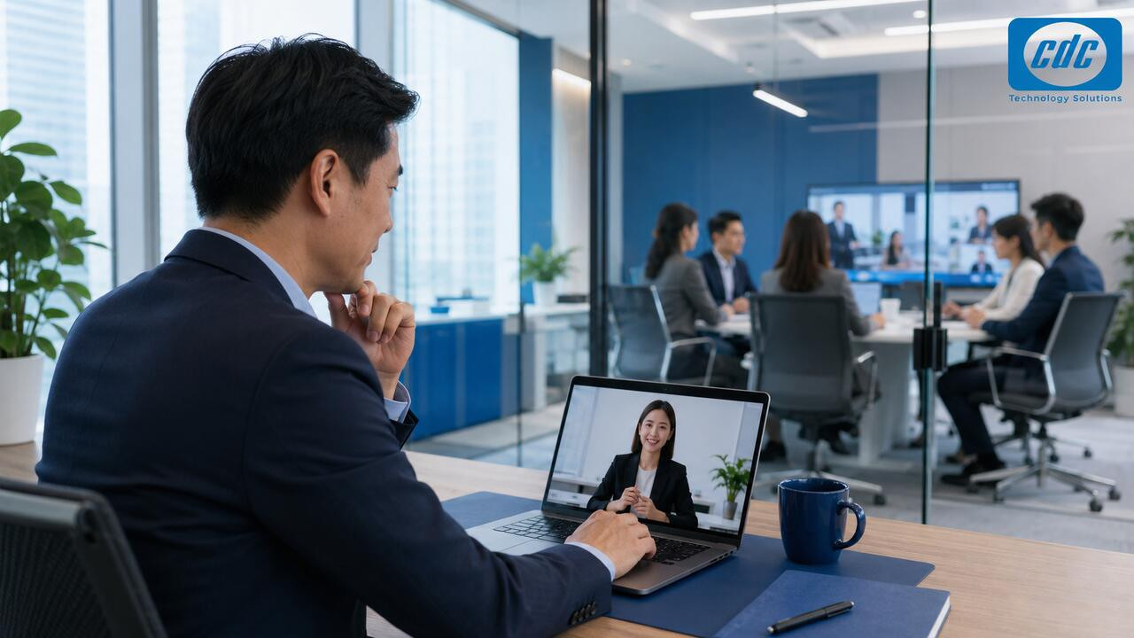 Quản lý họp cá nhân bằng laptop cạnh phòng họp doanh nghiệp