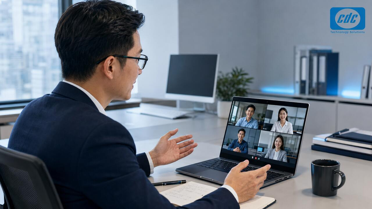Quản lý họp online bằng laptop doanh nghiệp trong văn phòng