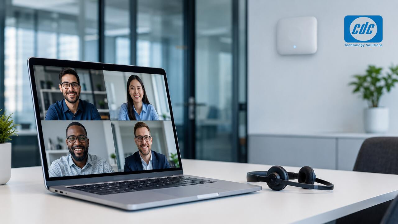 Laptop họp online kết nối Wi-Fi và tai nghe Bluetooth trong văn phòng