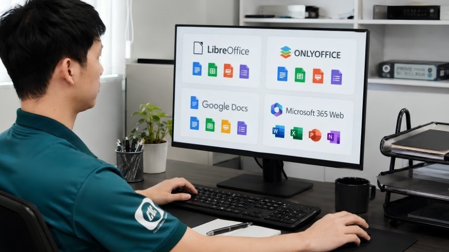 Hình ảnh màn hình máy tính hiển thị các công cụ văn phòng dùng cho soạn thảo, bảng tính và trình chiếu.