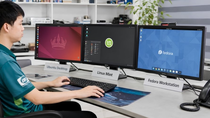 Hình ảnh ba màn hình máy tính trong văn phòng đang hiển thị ba giao diện hệ điều hành Linux khác nhau.