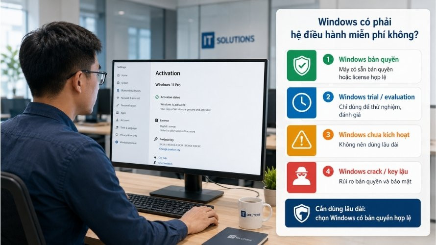 Hình ảnh một nhân viên kỹ thuật đang kiểm tra trạng thái kích hoạt Windows trên máy tính.