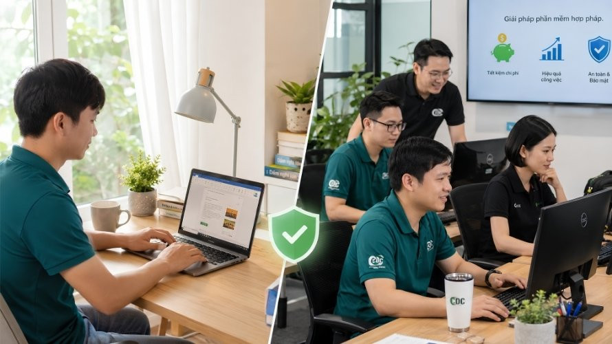 Hình ảnh một người dùng laptop tại nhà và một nhóm nhân viên văn phòng đang làm việc trên máy tính.