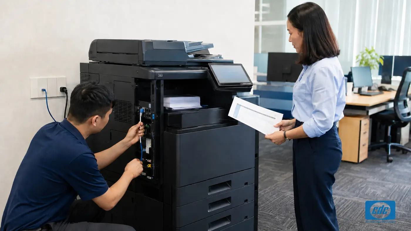 Kỹ thuật viên kết nối máy photocopy đa chức năng và quản trị viên kiểm tra biên bản nghiệm thu