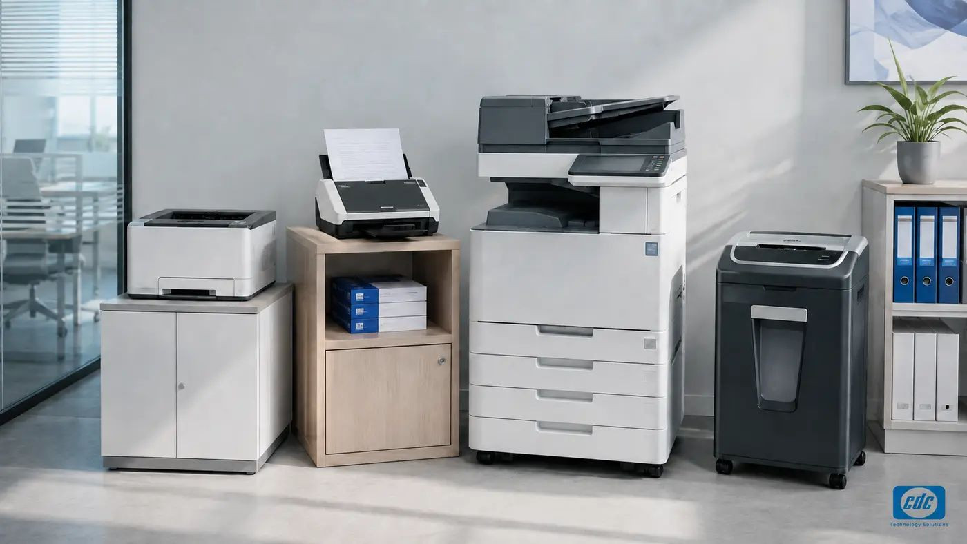 Máy in, máy scan, máy photocopy và máy hủy tài liệu trong khu vực thiết bị văn phòng doanh nghiệp