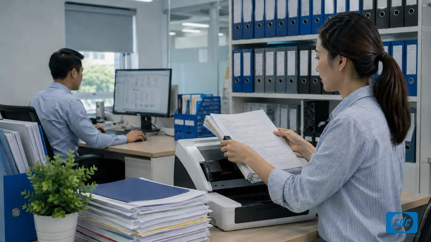 Nhân viên số hóa chứng từ và hợp đồng bằng máy scan tài liệu tốc độ cao