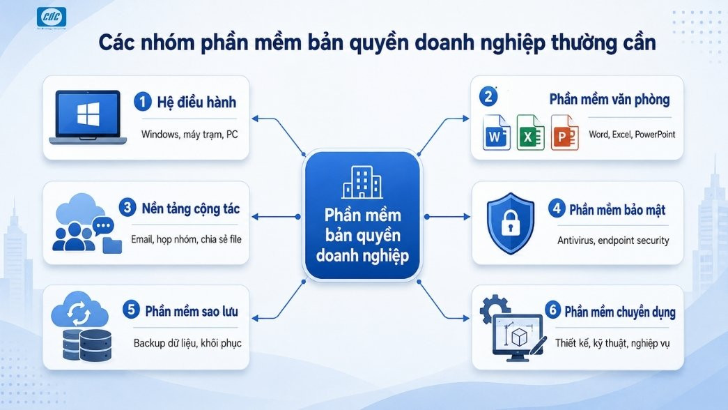 Các nhóm phần mềm bản quyền doanh nghiệp thường cần.