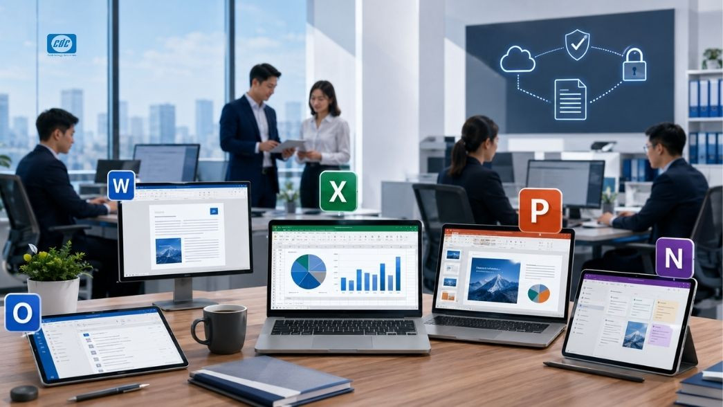bộ ứng dụng Microsoft Office bản quyền phục vụ công việc văn phòng, kế toán, kinh doanh và quản lý tài liệu doanh nghiệp.