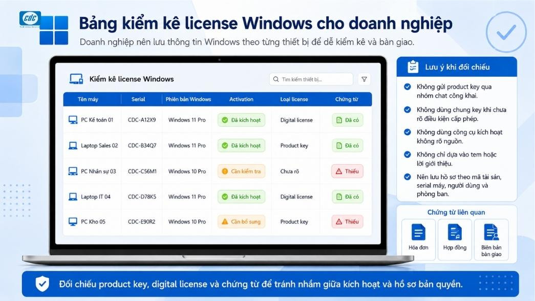 Doanh nghiệp nên lưu thông tin Windows theo từng thiết bị để dễ kiểm kê và bàn giao.