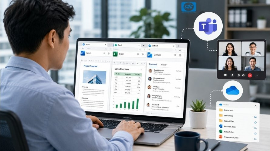 Nhân viên dùng Microsoft 365 Business Basic trên trình duyệt với Office web Outlook Teams và OneDrive