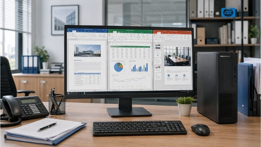 Hình minh họa máy tính để bàn văn phòng đang sử dụng Word, Excel và PowerPoint, phù hợp với doanh nghiệp chọn Office 2024 mua một lần cho từng thiết bị cố định.