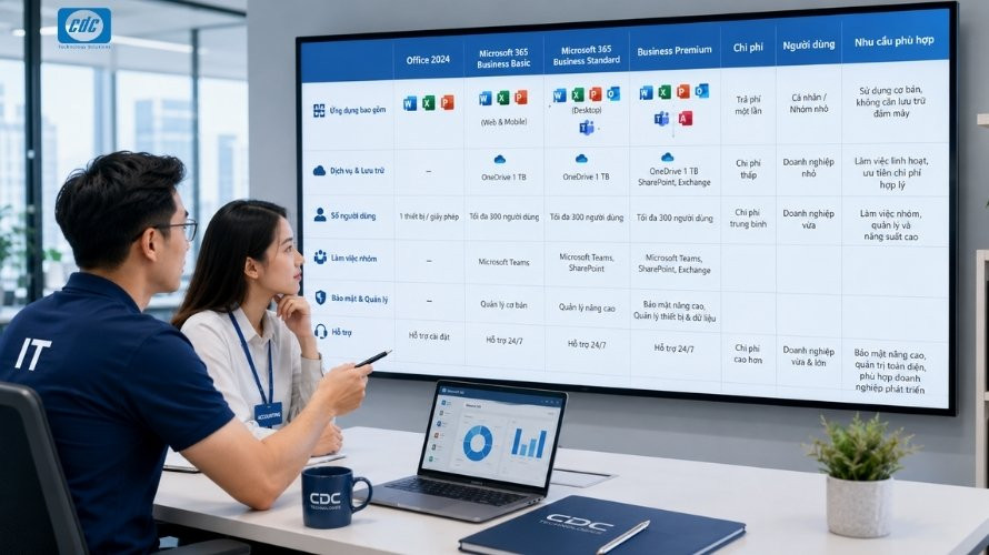 Nhân sự IT và kế toán đang so sánh phần mềm Microsoft Office, Office 2024 và Microsoft 365 cho doanh nghiệp