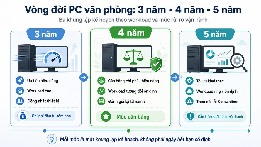 So sánh vòng đời PC văn phòng 3 4 và 5 năm