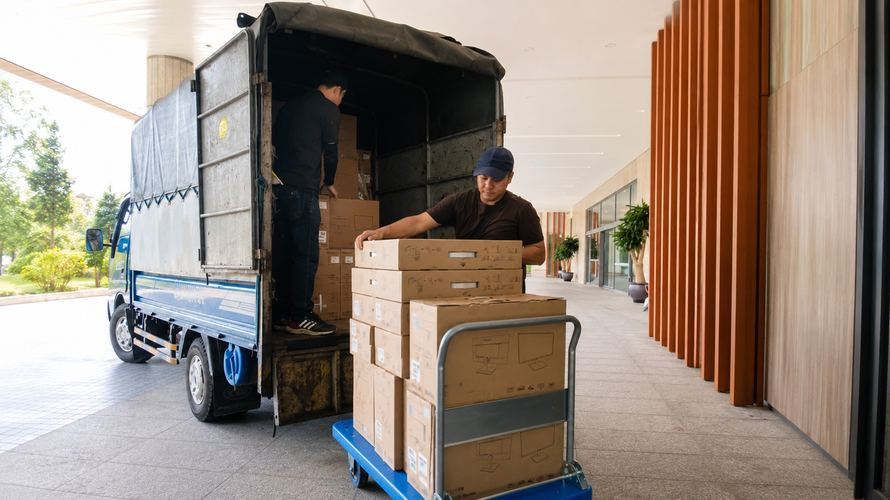 Quá trình dỡ thiết bị FPT Elead từ xe vận chuyển tại Tỉnh ủy Lào Cai