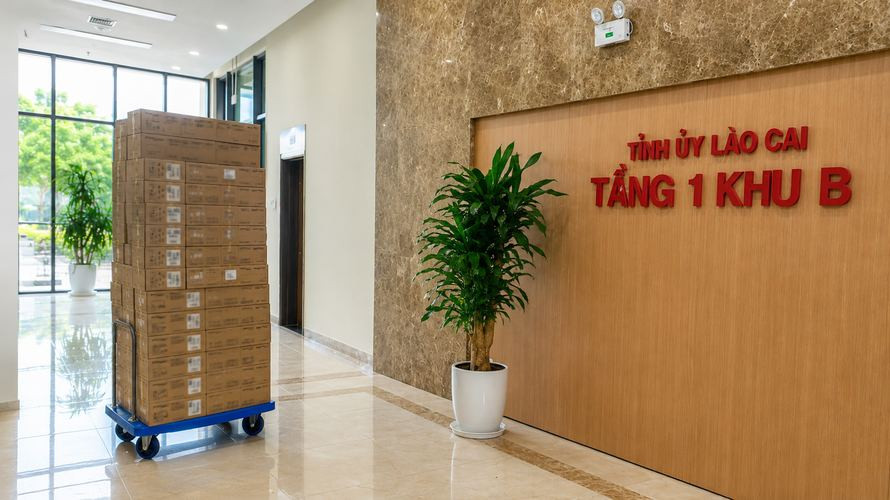 Thiết bị FPT Elead được tập kết tại tầng 1 khu B Tỉnh ủy Lào Cai