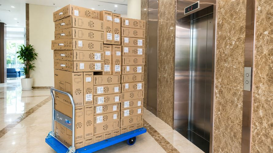 Xe đẩy màn hình FPT Elead P22FVH tại khu vực thang máy Tỉnh ủy Lào Cai