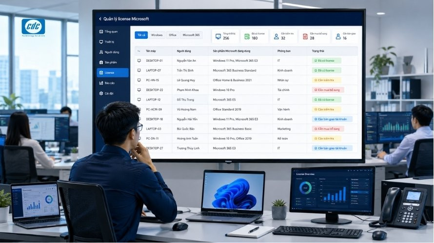 Nhân sự IT kiểm tra và chuẩn hóa license Microsoft cho doanh nghiệp trên nhiều máy tính văn phòng.