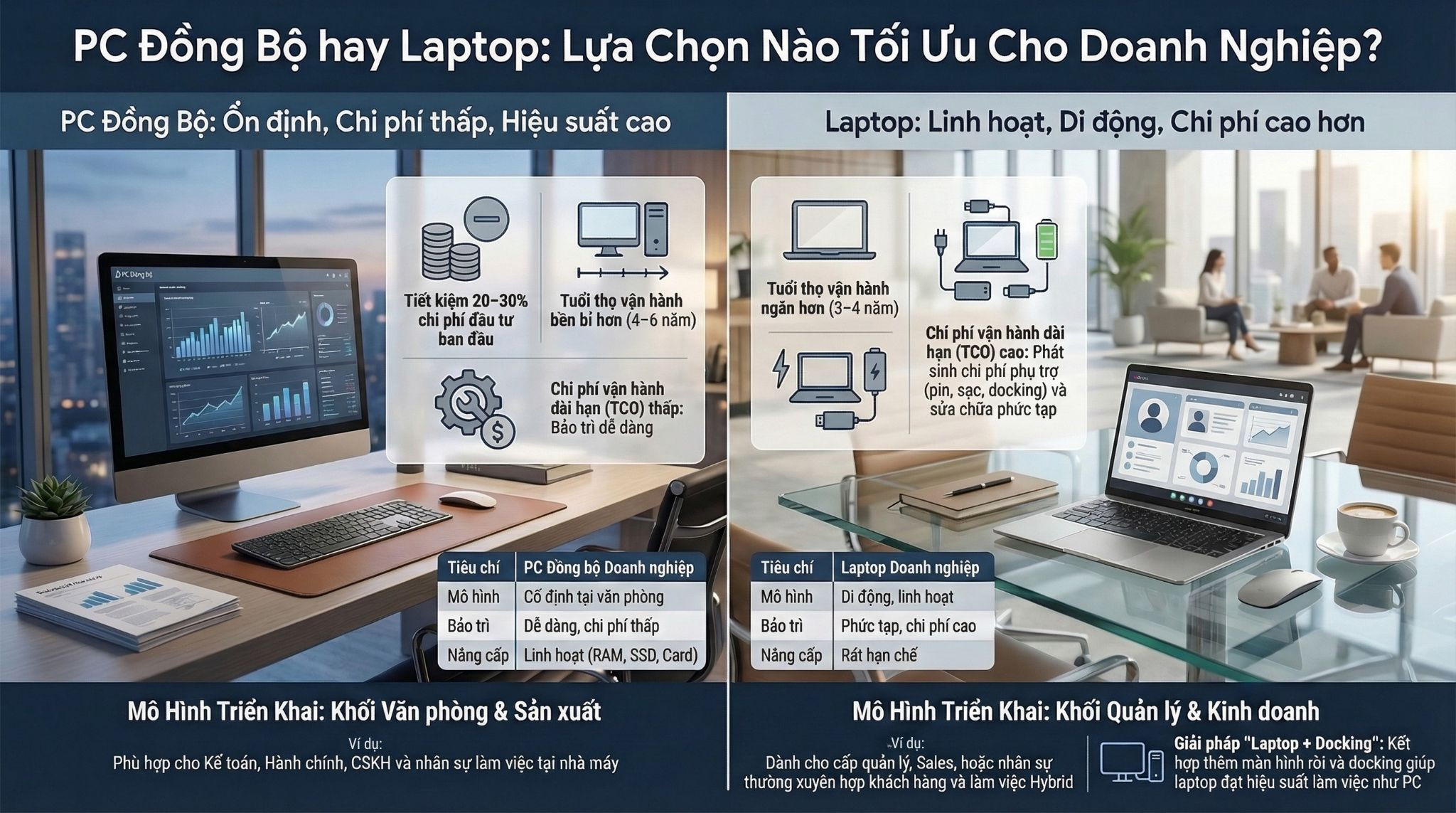 So sánh PC đồng bộ vs Laptop dưới góc nhìn triển khai doanh nghiệp