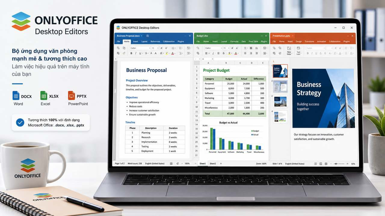 Giao diện phần mềm ONLYOFFICE Desktop Editors hỗ trợ DOCX XLSX PPTX