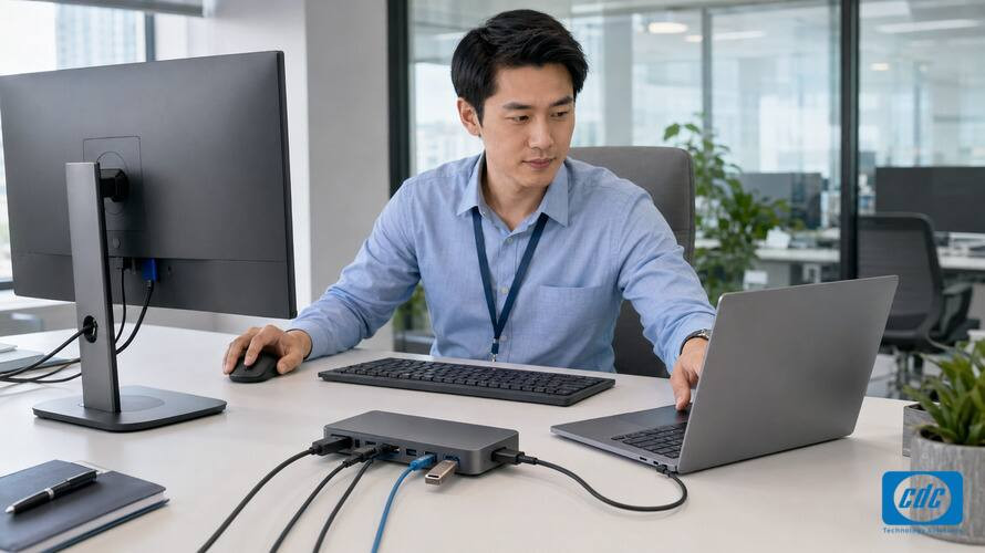 Laptop mỏng nhẹ kết nối màn hình và thiết bị ngoại vi qua dock USB-C