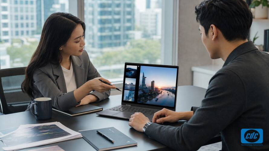 Màn hình laptop OLED hỗ trợ trình bày hình ảnh trong cuộc họp doanh nghiệp