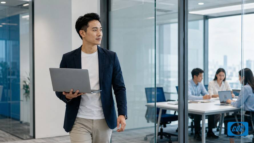 Người dùng doanh nghiệp mang laptop mỏng nhẹ giữa các phòng họp