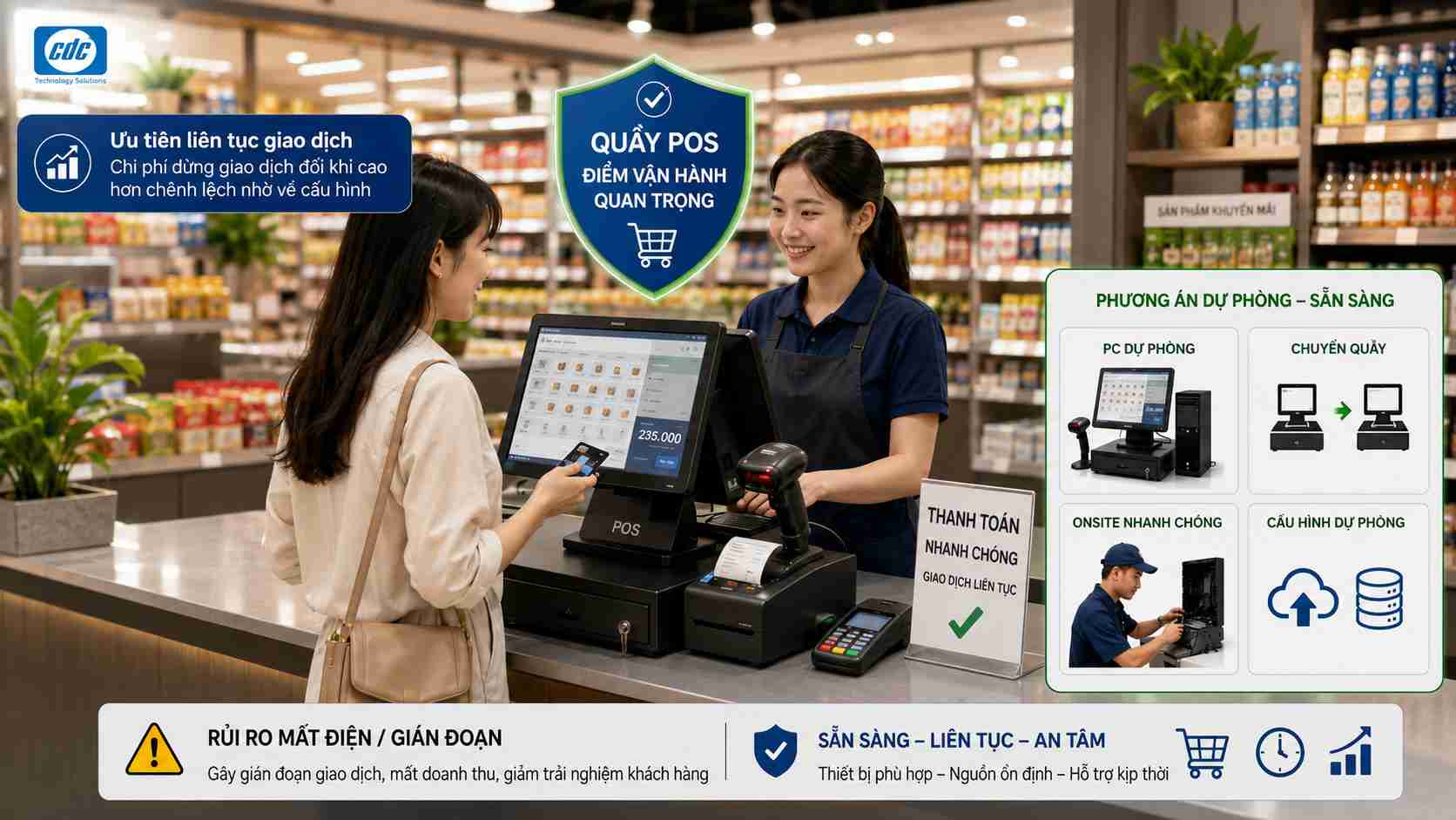Nguồn điện và thời gian gián đoạn phải được tính cho quầy giao dịch