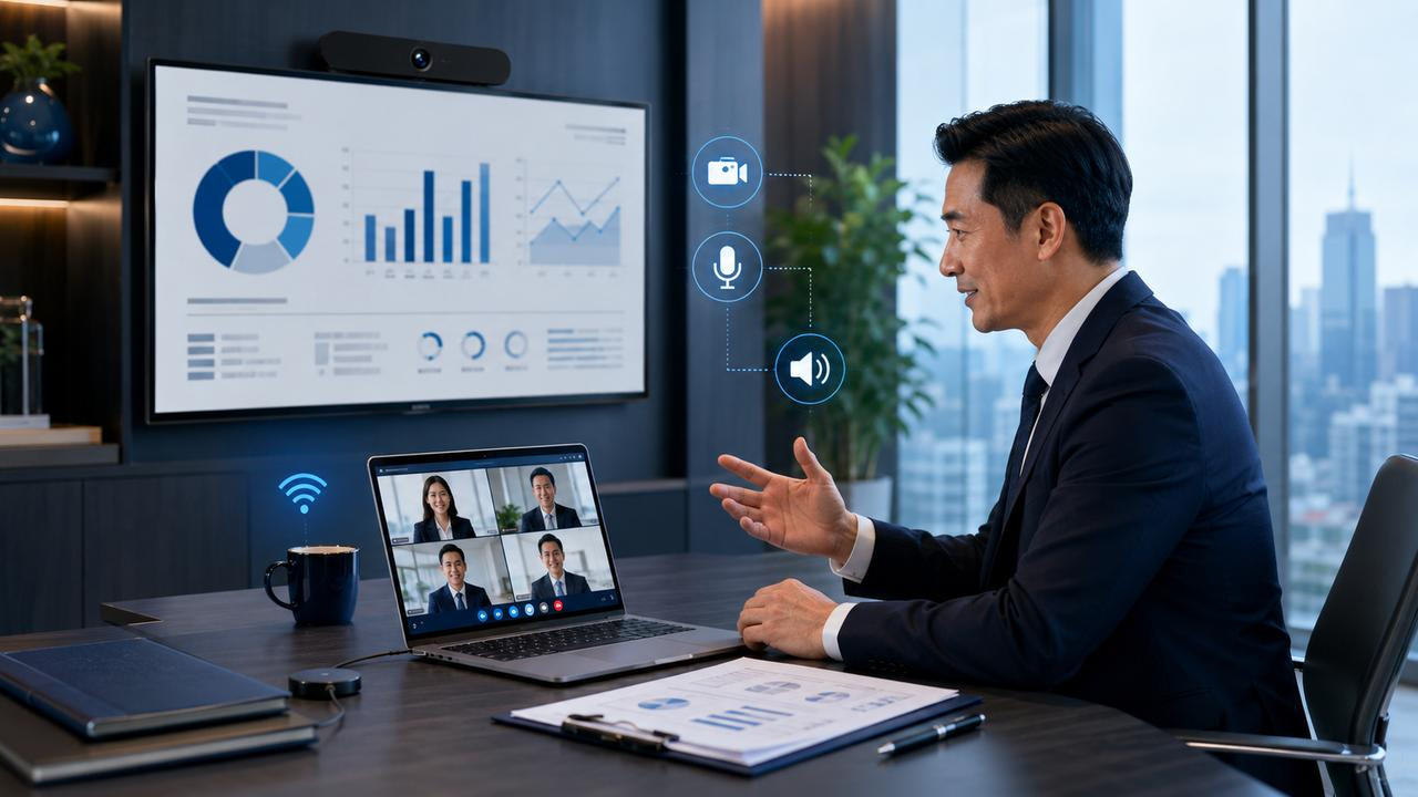 Giám đốc sử dụng laptop doanh nghiệp để họp online và trình chiếu báo cáo