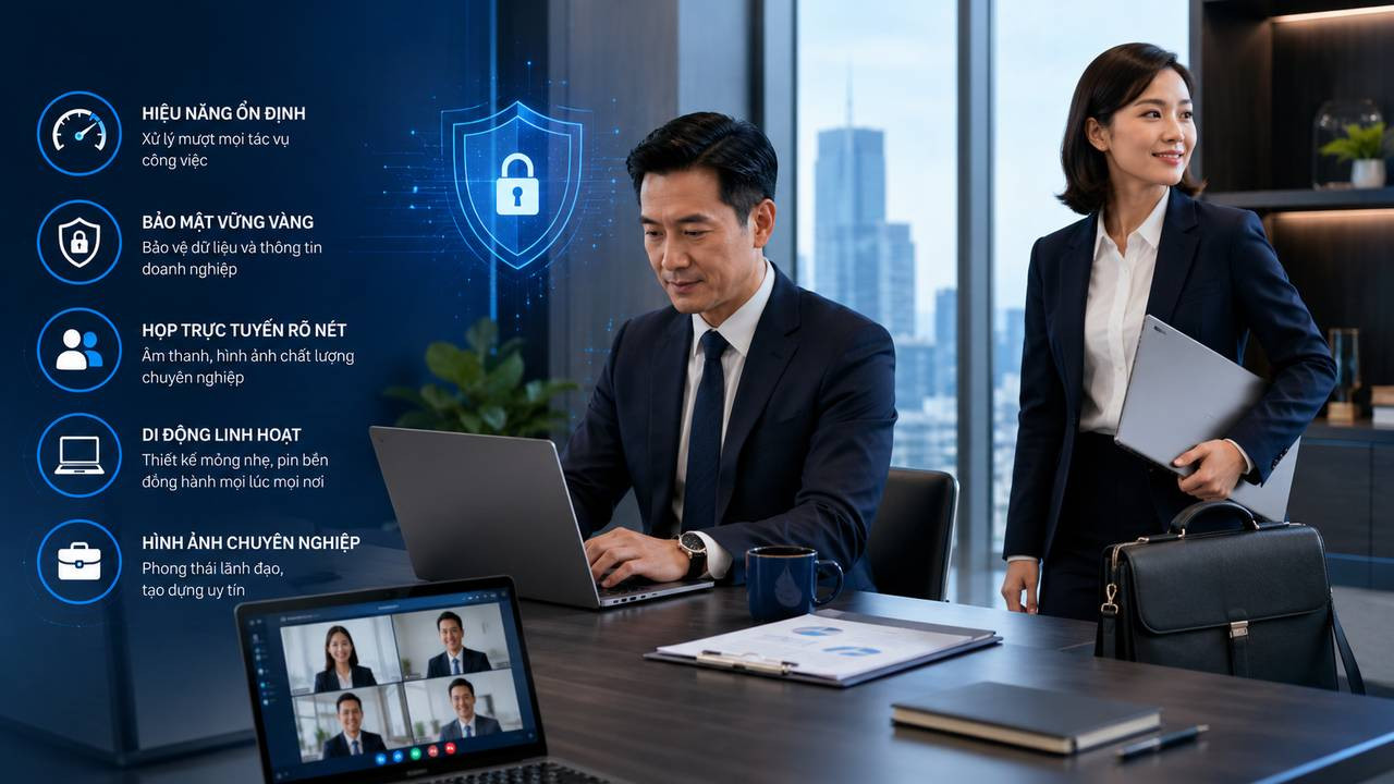 Laptop doanh nghiệp cho quản lý và giám đốc cần ưu tiên hiệu năng bảo mật họp online và tính di động