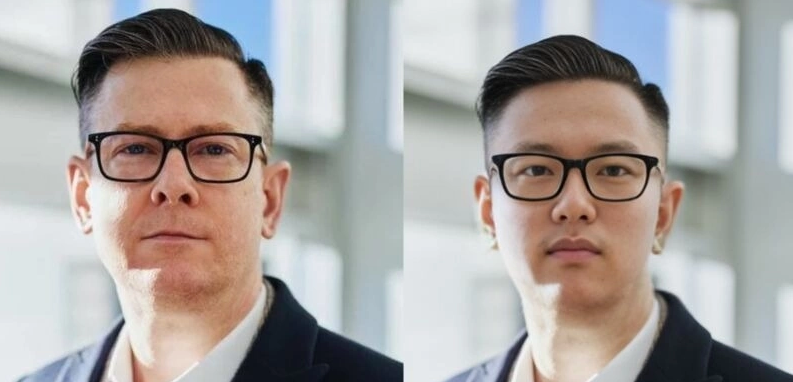 KnowBe4 minh họa việc hacker giả mạo ảnh cá nhân, với ảnh stock (trái) và ảnh được chỉnh sửa bằng AI.