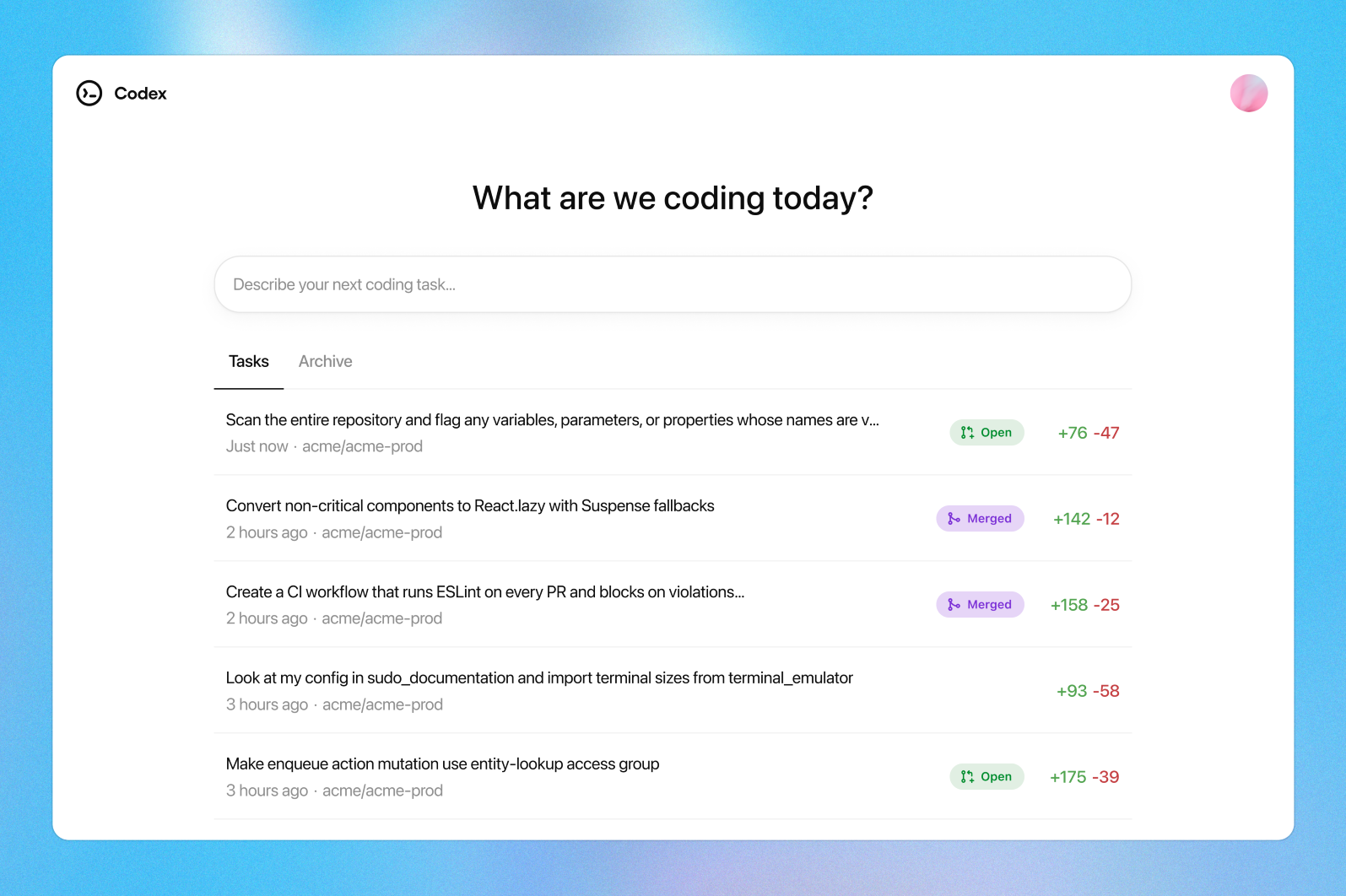 Giao diện Codex khi người dùng sử dụng