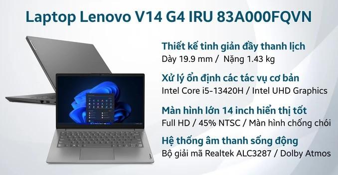 Lenovo V14 G4 IRU – Laptop gọn nhẹ, hiệu năng bền bỉ cho HSSV