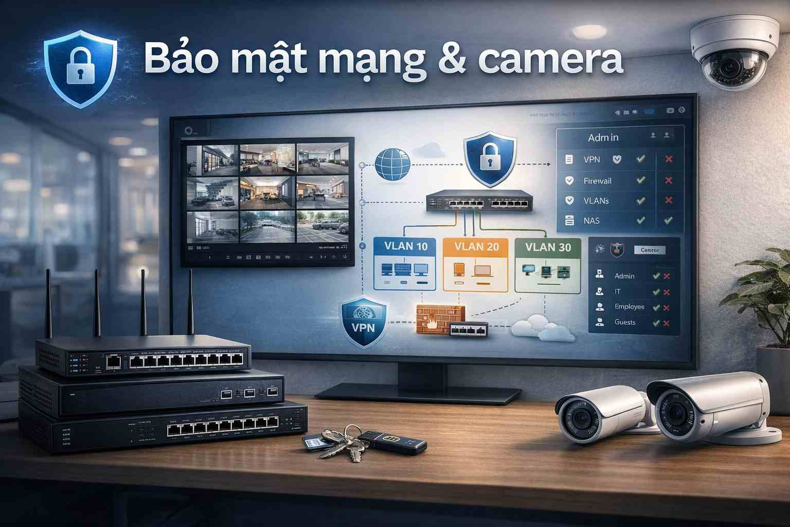 Bảo mật hệ thống mạng & camera: Phân quyền, tách VLAN, truy cập từ xa an toàn