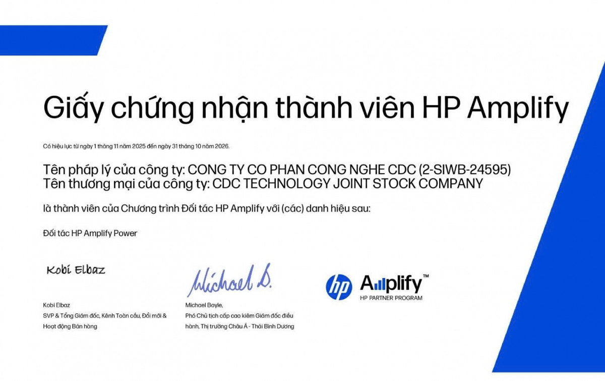 Giấy chứng nhận thành viên HP Amplify của CDC Technologies.