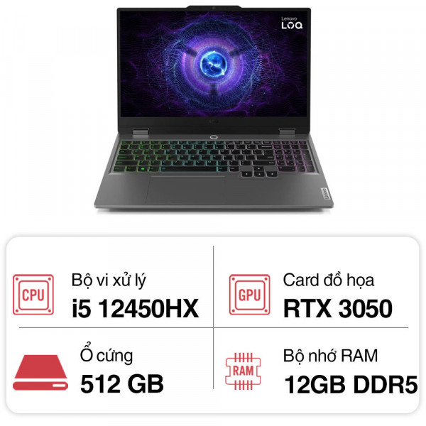 Laptop Lenovo LOQ Gaming 15IAX9 83GS001RVN (i5 12450HX/ 12GB/ 512GB SSD/ RTX 3050 6Gb/ 15.6 inch FHD)