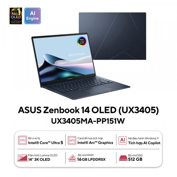 Laptop Asus Zenbook 14 OLED UX3405MA-PP151W ( Ultra 5 125H /16GB/512GB /14 inch 3K OLED/ W11)