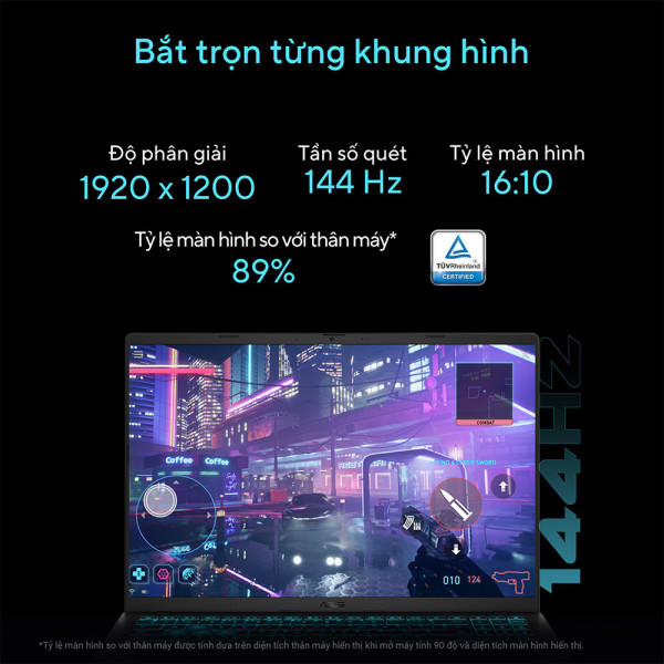 Laptop sở hữu màn hình 16 inch WUXGA (1920 x 1200) với tần số quét 144Hz, mang đến trải nghiệm hiển thị mượt mà, chi tiết và rộng rãi.